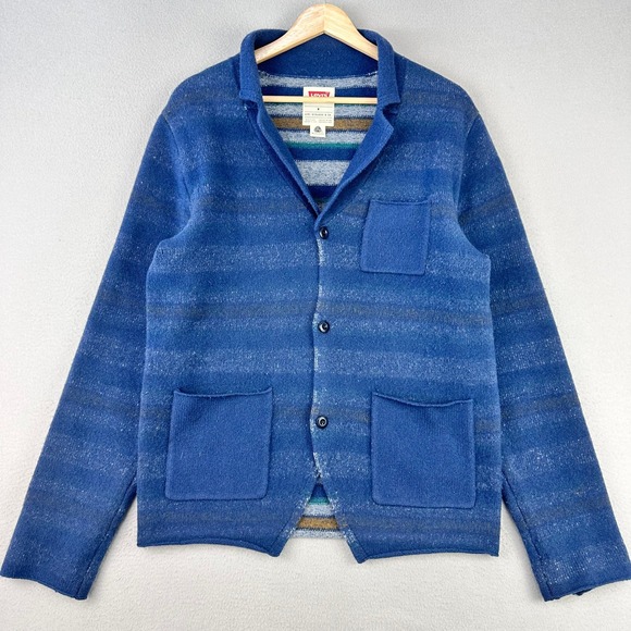 Levi's Other - Levis Cardigan Sweater Mens M Blue Wool Button Front Collared Grandpa Striped